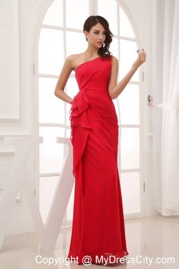 Chiffon Red Column long Evening Dress with One Shoulder