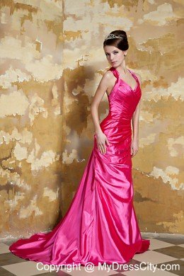 Hot Pink Wide Straps Criss Cross Evening Dress with Court Train