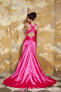 Hot Pink Wide Straps Criss Cross Evening Dress with Court Train