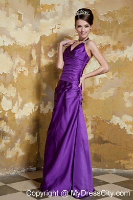 Purple Halter Cool Back Taffeta Evening Dress with Beading