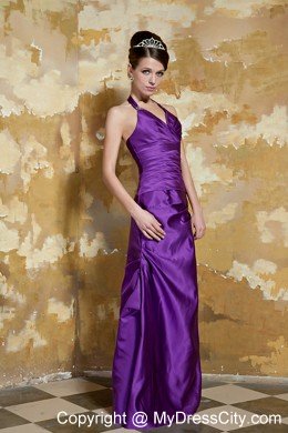 Purple Halter Cool Back Taffeta Evening Dress with Beading