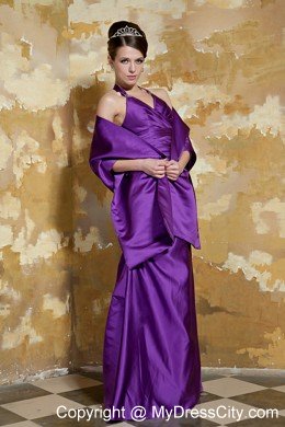 Purple Halter Cool Back Taffeta Evening Dress with Beading