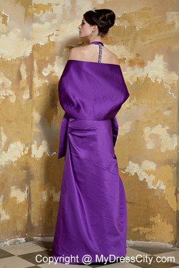 Purple Halter Cool Back Taffeta Evening Dress with Beading