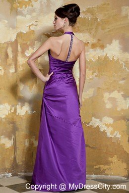 Purple Halter Cool Back Taffeta Evening Dress with Beading