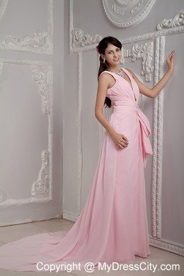 Baby Pink V-neck Homecoming Dress with Beading and Court