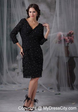 Black Knee-length V-neck 3 4 Sleeves Lace Mother of the Bride Dress