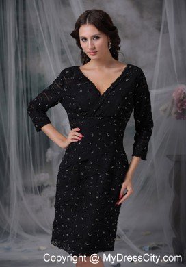 Black Knee-length V-neck 3 4 Sleeves Lace Mother of the Bride Dress