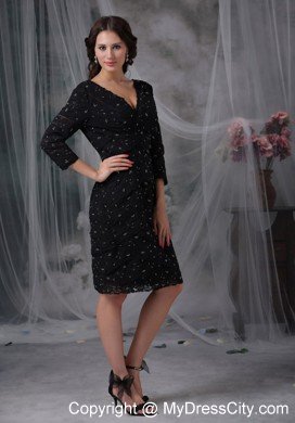 Black Knee-length V-neck 3 4 Sleeves Lace Mother of the Bride Dress