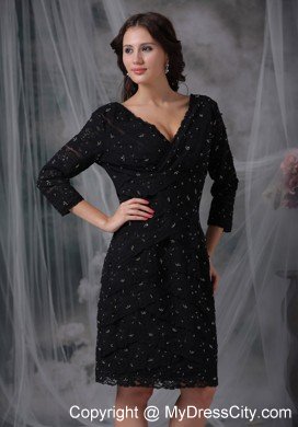 Black Knee-length V-neck 3 4 Sleeves Lace Mother of the Bride Dress