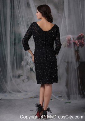 Black Knee-length V-neck 3 4 Sleeves Lace Mother of the Bride Dress