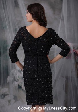 Black Knee-length V-neck 3 4 Sleeves Lace Mother of the Bride Dress