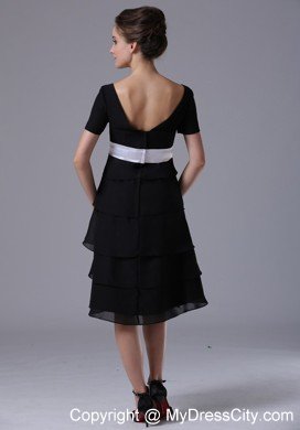 Short Sleeves Layers Black Mother Bride Dress with White Sash