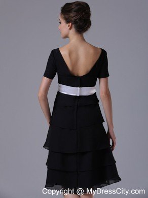 Short Sleeves Layers Black Mother Bride Dress with White Sash