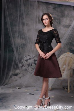 Knee-length Half Sleeves Bowknot Beading Lace Mother of the Dress