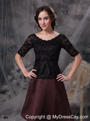 Knee-length Half Sleeves Bowknot Beading Lace Mother of the Dress