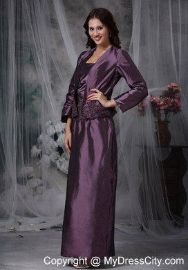 Dark Purple Column Strapless Ankle-length Taffeta Mather Of The Bride Dress with Appliques