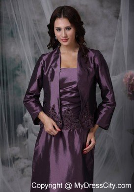 Dark Purple Column Strapless Ankle-length Taffeta Mather Of The Bride Dress with Appliques