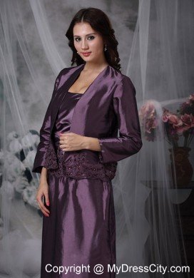 Dark Purple Column Strapless Ankle-length Taffeta Mather Of The Bride Dress with Appliques