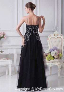 Spaghetti Straps Black V-neck Beaded Tulle Mother Of The Bride Dress with Embroidery