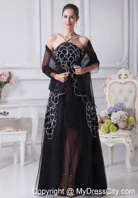 Spaghetti Straps Black V-neck Beaded Tulle Mother Of The Bride Dress with Embroidery