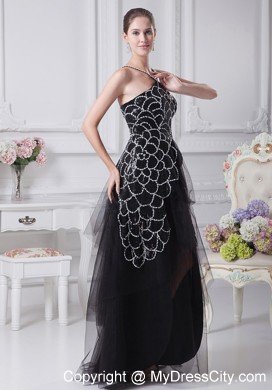 Spaghetti Straps Black V-neck Beaded Tulle Mother Of The Bride Dress with Embroidery