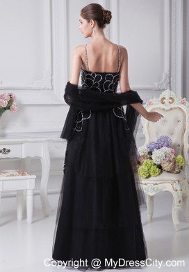 Spaghetti Straps Black V-neck Beaded Tulle Mother Of The Bride Dress with Embroidery