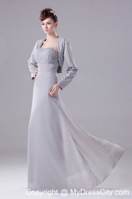 Grey Strapless Beaded Bodice Chiffon Mother Of The Bride Dress with Long Sleeves Jacket