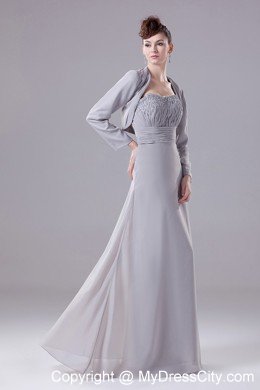 Grey Strapless Beaded Bodice Chiffon Mother Of The Bride Dress with Long Sleeves Jacket