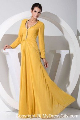 Yellow V-neck Beading Decorate Bodice Chiffon Floor-length Mother Dress with Long Sleeves