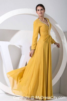 Yellow V-neck Beading Decorate Bodice Chiffon Floor-length Mother Dress with Long Sleeves