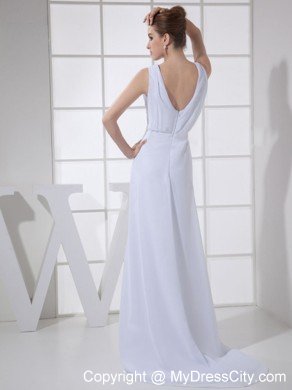 White Brush Train Bateau Neck Wedding Outfits for Brides Mothers With Ruche