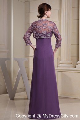 Simple Purple Floor-length Ruching Chiffon Mother Of The Bride Dress with Lace Jacket