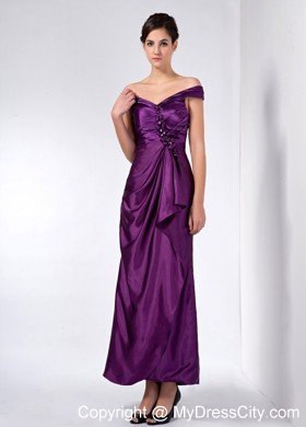 Purple Column Off The Shoulder Ankle-length Taffeta Beaded Mothers Dresses with Ruche