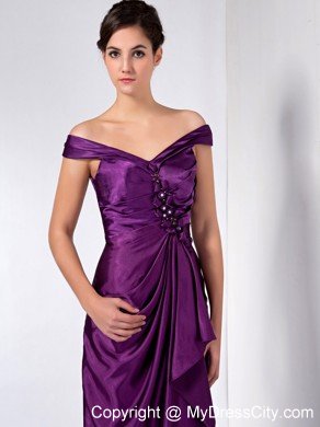 Purple Column Off The Shoulder Ankle-length Taffeta Beaded Mothers Dresses with Ruche