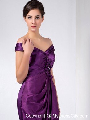 Purple Column Off The Shoulder Ankle-length Taffeta Beaded Mothers Dresses with Ruche