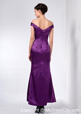 Purple Column Off The Shoulder Ankle-length Taffeta Beaded Mothers Dresses with Ruche