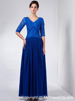 Blue Half Sleeves V-neck Ankle-length Chiffon and Lace Mothers Dresses with Beading and Ruche