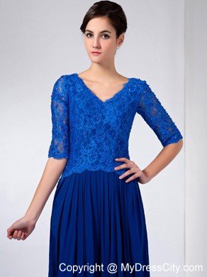 Blue Half Sleeves V-neck Ankle-length Chiffon and Lace Mothers Dresses with Beading and Ruche