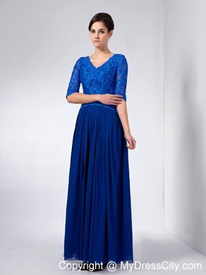 Blue Half Sleeves V-neck Ankle-length Chiffon and Lace Mothers Dresses with Beading and Ruche