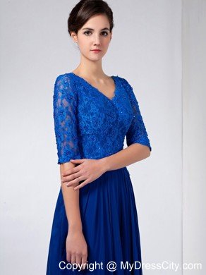 Blue Half Sleeves V-neck Ankle-length Chiffon and Lace Mothers Dresses with Beading and Ruche