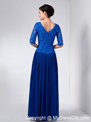 Blue Half Sleeves V-neck Ankle-length Chiffon and Lace Mothers Dresses with Beading and Ruche