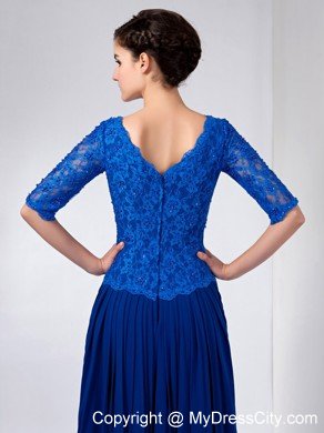 Blue Half Sleeves V-neck Ankle-length Chiffon and Lace Mothers Dresses with Beading and Ruche