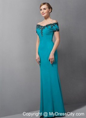 Teal Mermaid Off The Shoulder Floor-length Chiffon Mother Of The Bride Dress with Appliques