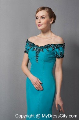 Teal Mermaid Off The Shoulder Floor-length Chiffon Mother Of The Bride Dress with Appliques