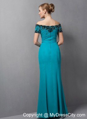 Teal Mermaid Off The Shoulder Floor-length Chiffon Mother Of The Bride Dress with Appliques