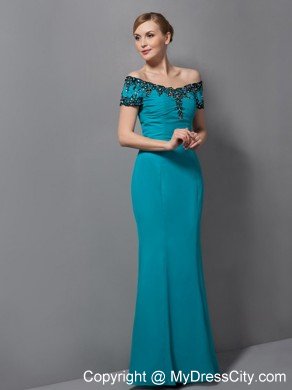 Teal Mermaid Off The Shoulder Floor-length Chiffon Mother Of The Bride Dress with Appliques