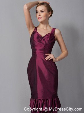 Burgundy Column Straps Knee-length Taffeta Ruched Hem Mother Of The Bride Dress