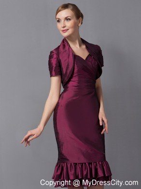 Burgundy Column Straps Knee-length Taffeta Ruched Hem Mother Of The Bride Dress