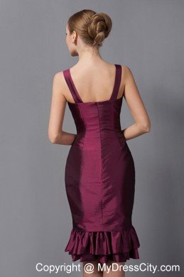 Burgundy Column Straps Knee-length Taffeta Ruched Hem Mother Of The Bride Dress