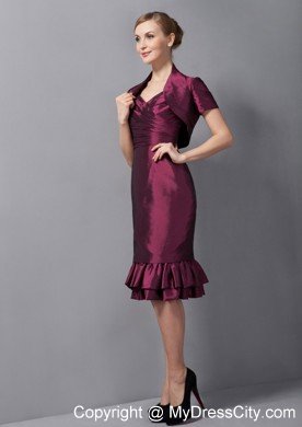 Burgundy Column Straps Knee-length Taffeta Ruched Hem Mother Of The Bride Dress